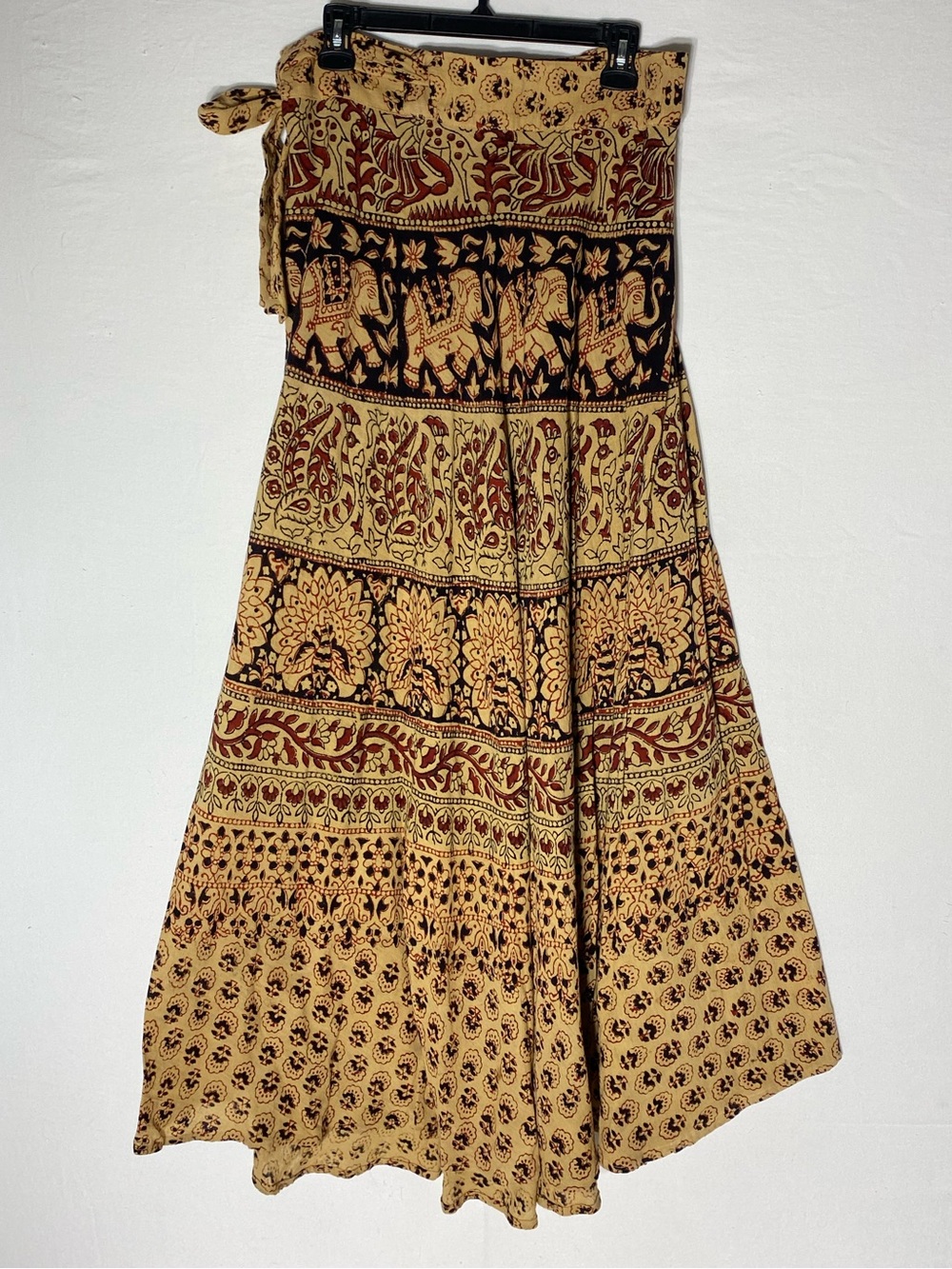 Vintage 70s Style Indian Cotton Elephant Print Maxi Length Wrap Skirt Boho L - Picture 2 of 13